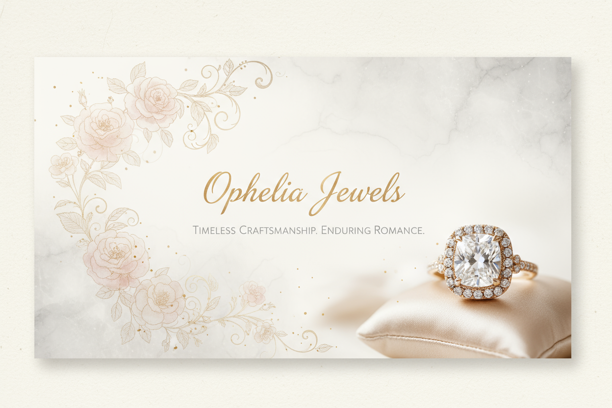Canva Prompt for Ophelia Jewels Homepage Banner
Copy and paste this prompt into Canva's AI text-to-image tool (or use it as a detailed brief for a designer):

Prompt en français :
"Créer une bannière de site web élégante et luxueuse pour une marque de joaillerie appelée 'Ophelia Jewels'. L'esthétique est romantique, classique et haut de gamme.

Arrière-plan : Un fond dans des tons de crème doux et de gris perle, avec un léger effet de texture de papier aquarelle ou de marbre veiné. Peut-être une subtile ill